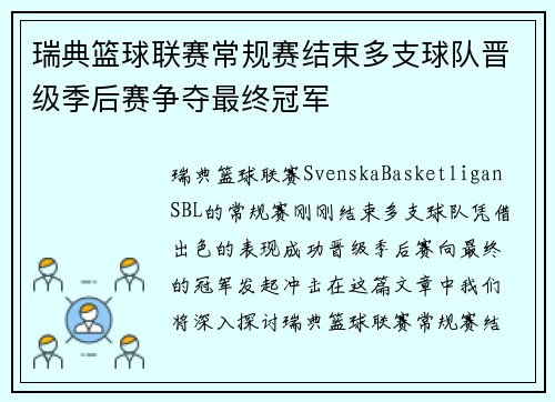 瑞典篮球联赛常规赛结束多支球队晋级季后赛争夺最终冠军