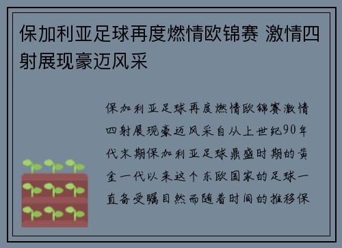 保加利亚足球再度燃情欧锦赛 激情四射展现豪迈风采