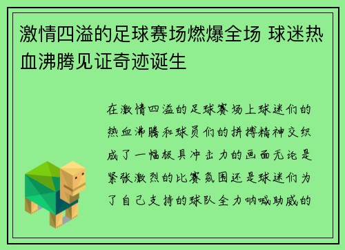 激情四溢的足球赛场燃爆全场 球迷热血沸腾见证奇迹诞生